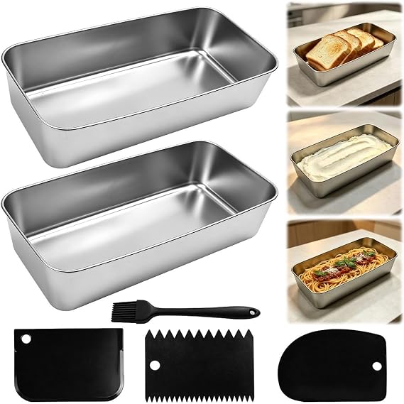 Stainless Steel Rectangular Pan 2 Pcs with Brush and 3 Scrapers