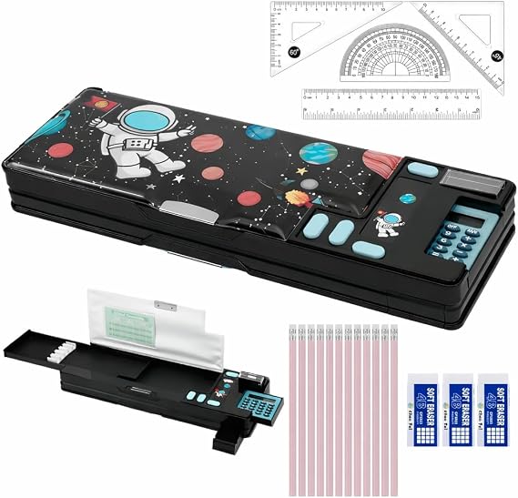 20Pcs School Supplies Stationery Set with Pop Up Multifunction Pencil Case, 4B Erasers, Rulers Set, HB Pencils, Essentials Stationary Set for Students Back to School Supplies, Black