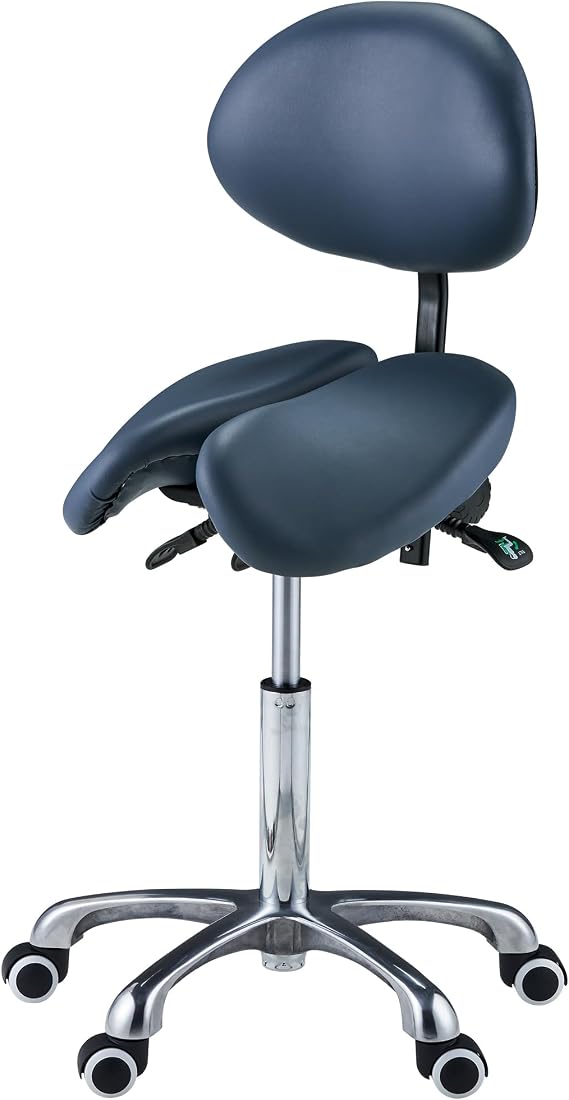 Master Massage Berkeley Ergonomic Saddle Stool with Backrest, Adjustable Split-Seat Design, Hydraulic Swivel Rolling Chair for Posture Correction, Blue