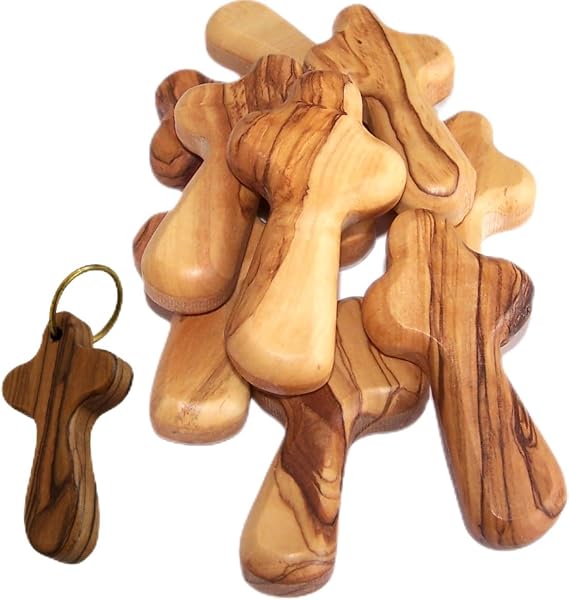 Holy Land Market Olive Wood Pocket Crosses 2.75 Inches - 10 Small Wooden Crosses & 1 Keychain