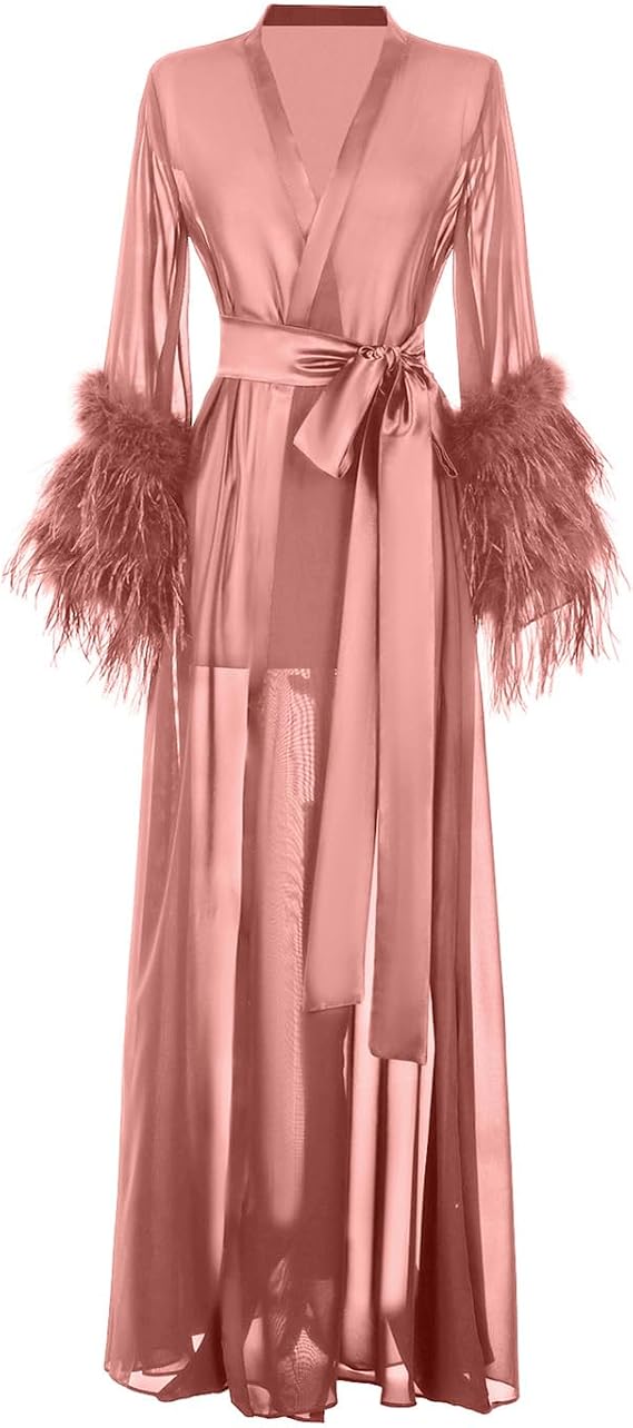 Women's Feather Fur Bridal Sheer Robe Chiffon Lingerie Nightgown Bathrobe Sleepwear Wedding Scarf Illusion