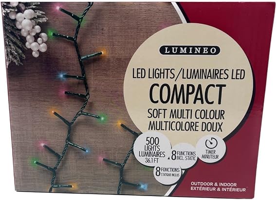 Lumineo Compact 500 LED Soft Multi Color Christmas Tree Lights On Green Wire, 8 Functions with Timer, Indoor/Outdoor Compatible