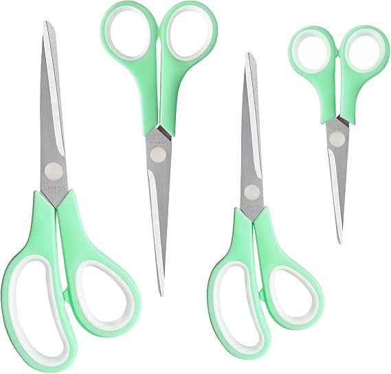 Scissors, 4 Pack Heavy Duty Stainless Steel Scissors, Sharp Thick Blades, Comfort Grip Handles, Ambidextrous, Home Essentials, for Home, School, Offices(Green-B)