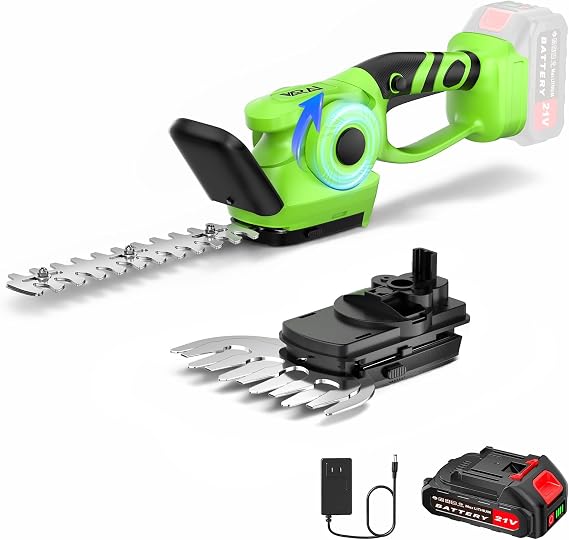 2-in-1 600W Cordless Hedge Trimmer, 21V Battery Operated Trimmer for Bush & Grass, Lightweight Garden Trimmer for Home Use