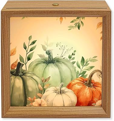 Wood Night Light Box 4.5x4.5in,Thanksgiving Pumpkin Fall Watercolor Leaves Table Lights Wooden Picture Frame with USB Rechargeable Touch LED Lights for Home Decor Desktop Display,Farm Harvest