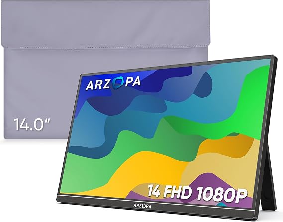 ARZOPA Portable Monitor & Sleeve, 14.0'' 1080P FHD Laptop Monitor & Portable Monitor PU Sleeve Bag Combination