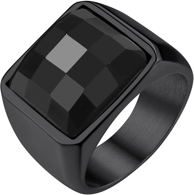 GoldChic JEWELRY Men's Gemstone Rings, Stainless Steel Black Onyx Sapphire Signet Ring, Chunky Mens Square Rings Size N½-Z+2