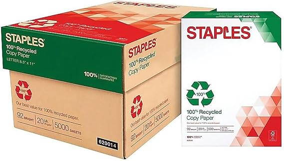 Staples 100% Recycled Copy Paper, 8.5x11 Inch, 20 lb., 92 Bright, 10 Rm