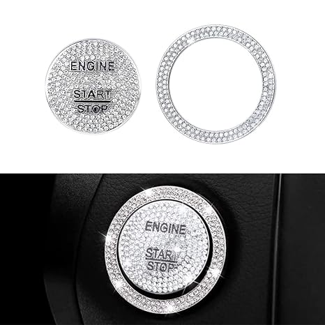 LECART Bling Push to Start Button Cover Sticker Fit for Mercedes-Benz C 300 E 350 GLA 250 GLC 300 S 550 SLK 350 Glitter Engine Start Stop Button Metal Decal Sticker Cover Cap Silver 2Pcs