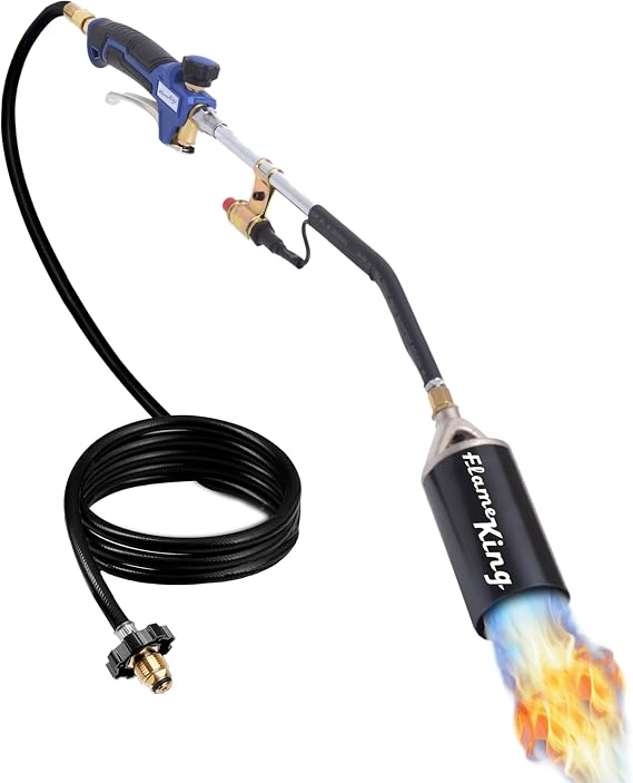 Flame King Propane Torch Kit Heavy Duty Weed Burner, 340,000 BTU with Piezo Igniter (Self Igniting), with 10-ft Hose for Weed Burning, Melting Ice and Snow, and Roofing