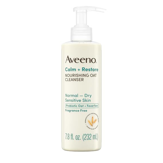 Aveeno Calm + Restore Nourishing Oat Face Cleanser, Daily Hydrating Facial Cleanser for Sensitive Skin with Nourishing Oat & Feverfew, Hypoallergenic, Non-Comedogenic, Fragrance-Free, 7.8 Fl Oz