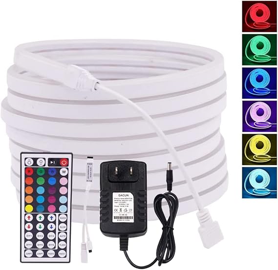 RGB LED Neon Strip, DC12V SMD 3535 180LEDs/m Multicolor Neon Light Strip, Waterproof Flexible LED Neon Tube with 44-Keys Remote Control and 12V Power Supply for Party, Stage Lighting (3.3ft/1m)