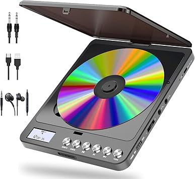 Portable CD Player with Bluetooth and FM Transmitter, 2000mAh Rechargeable Bluetooth CD Players with Speakers Dual Headphones Jack Anti-Skip cd Player for Car Home Adults Kids