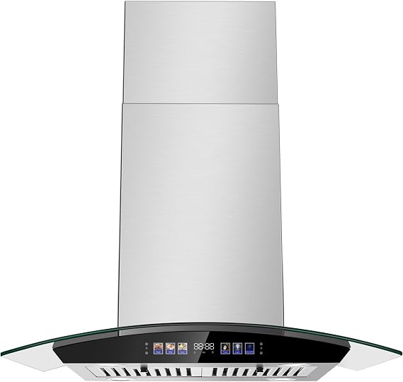 Tieasy Island Range Hood 30 Inch 700 CFM Ceiling Mount Kitchen Vent Hood Tempered Glass with Color Gesture Sensing & Touch Control, 3 Speed Fan, 4 LED Lights, Permanent Filters