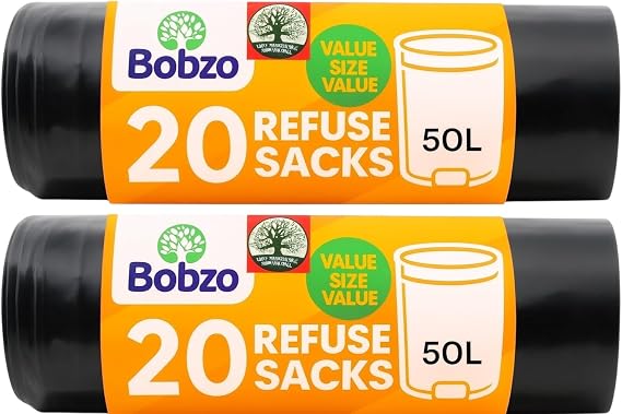 Strong Black Bin Bags – 20 Refuse Sacks (50 Litre) – Tear-Resistant Rubbish Bags for Home, Kitchen, Office, Garage, Garden, Workshop – Pack of 2