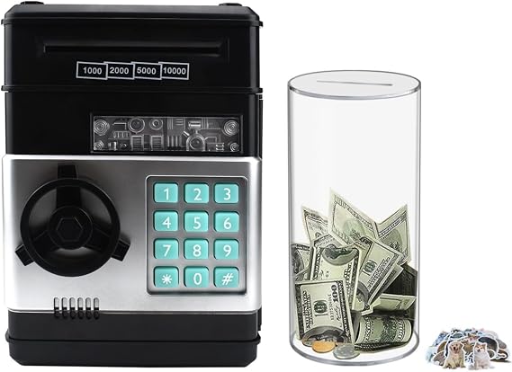 Clear and Unopenable Transparent Piggy Bank with 50 pcs Sticker (Small) + Electronic Piggy Bank Mini ATM for Kids Baby Toy with Password (Black)