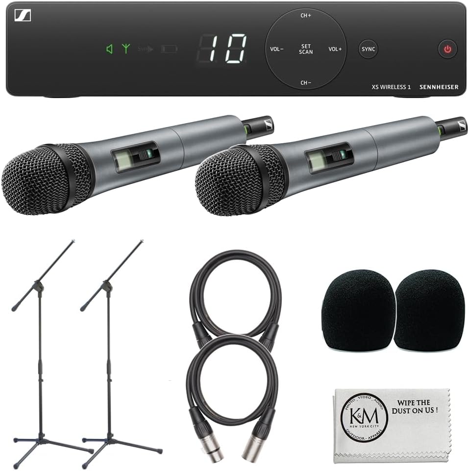 Sennheiser XSW 1-825 Dual-Vocal Set with Two 825 Handheld Microphones | A: 548 to 572 MHz Bundle with 2 XLR Cables  2 x Windscreens  Microphone Stand  Cleaning Cloth 8 Items