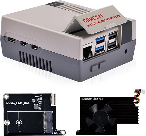GeeekPi Game5Pi Case with N08 PCIe to M.2 NVMe SSD PCIe Peripheral Board, and Armor Lite V5 Cooler for Raspberry Pi 5, Support M.2 2230/2242 SSD