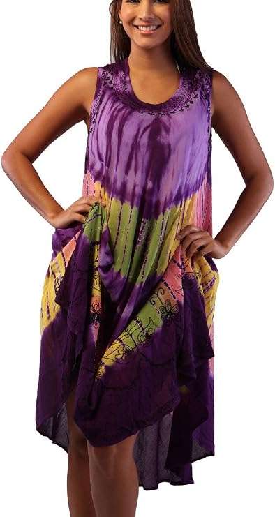 INGEAR Soft Rayon Casual Hand Tie Dye Neck Ari Short Beach Dress Tunic Coverup (One Size, Purple)
