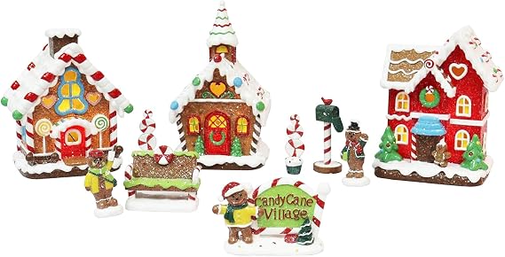 MOMENTS IN TIME Gingerbread Village 10-Piece Set LED Lighted Christmas Village Scene Handcrafted Polyresin Holiday Decor Battery Operated Light Up Gingerbread Houses (Batteries Not Included)