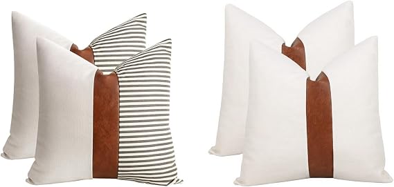 Linen and Faux Leather Pillow Covers 18x18 inch Set of 4,White and Brown Decorative Throw Pillow Covers for Couch Modern Farmhouse Decor