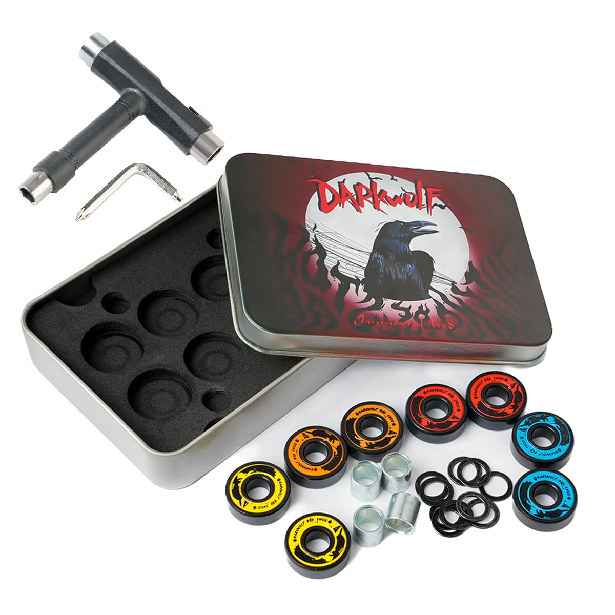 Skateboard Bearings, Premium 608rs Ball Bearing with T Tool - Pro Skateboard Bearings with Washers and Spacers Pack of 8 ABEC 11 Chrome Steel Bearing
