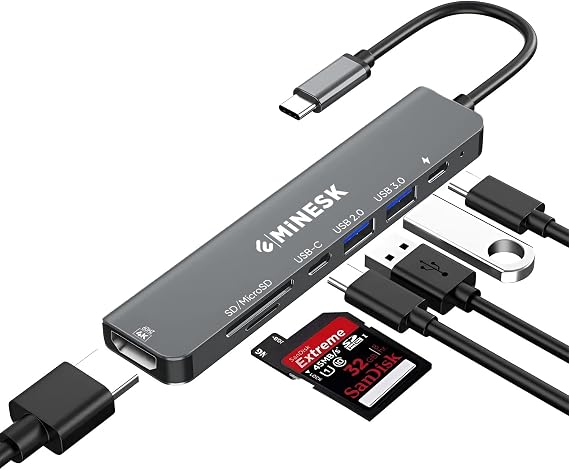 Minesk Macbook ile Uyumlu USB-C Hub Çoklayıcı HDMI/SD Card/Micro SD/USB 2.0/USB 3.0/USB-C/PD 100watt / bağlantı Port USB Çoklayıcı Adaptör (7-in -1 Multi Hub HDMI)