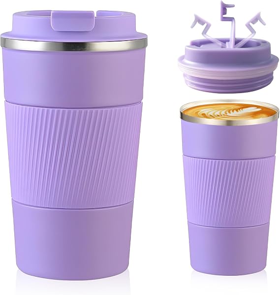 Travel Mug, Insulated Coffee Cup with Leakproof Lid, Reusable Coffee Cups Travel Cup, Stainless Steel thermaol Mug for Hot Cold Drinks (Purple 380ml)