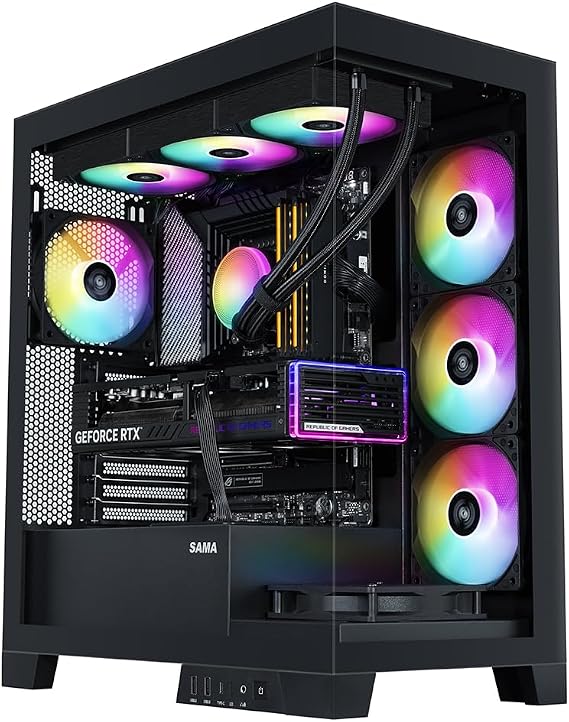 SAMA V50 Full View Glass ATX Gaming PC Case, 4 ARGB PWM Fans, USB-C Black