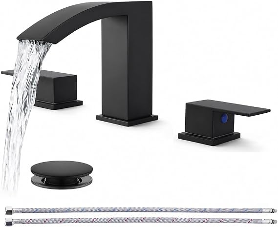 Friho Matte Black Bathroom Faucets 3 Hole, 8 Inch Widespread 2 Handle Square Waterfall Bathroom Sink Faucets with Pop-up Drain and Supply Lines, Vanity Faucet Suitable for Lavatory Restroom RV