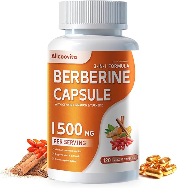 Allcoovita Berberine Supplement - Berberine 1500mg Per Serving,120 Capsules - Berberine HCI - Berberine Plus - Plus Pure True Ceylon Cinnamon, Berberine HCI Root Supplements Pills