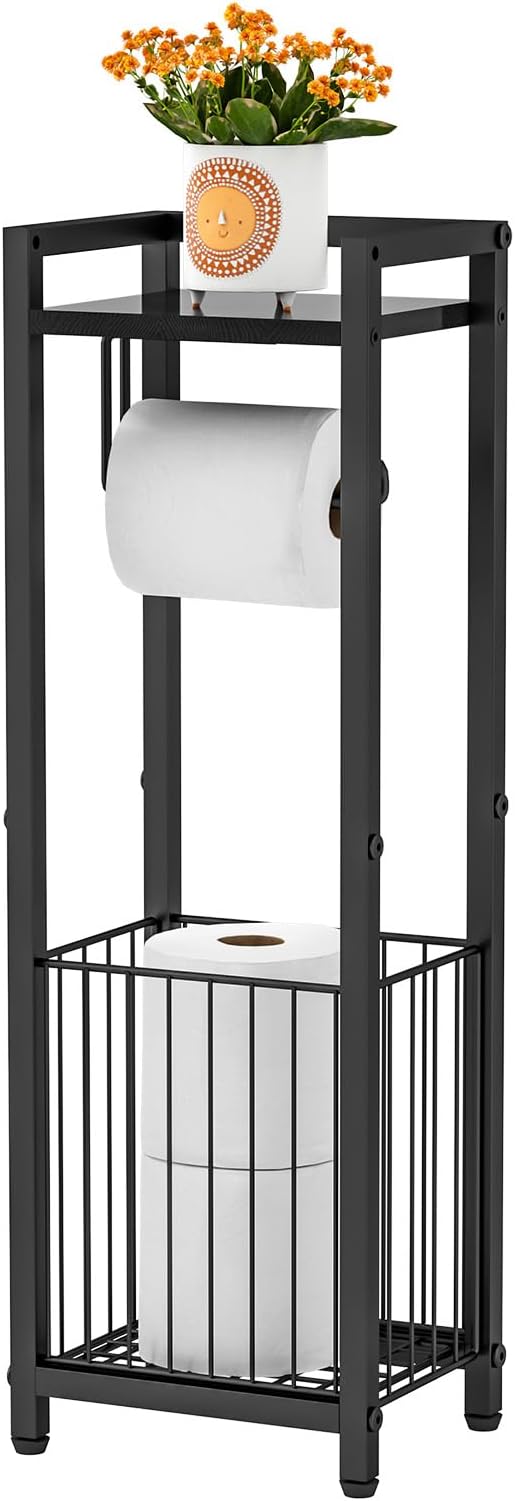 Narrow Side Toilet Paper Holder with Storage Shelf | Freestanding Roll Holder for Bathroom, Small Space, Bathroom Tissue & More