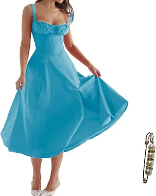 Womens Midi Dress Adjustable Straps Lightweight Casual Everyday A-Line Dress