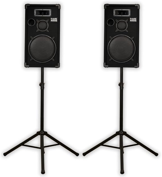 Acoustic Audio CR12 Passive 12" DJ Speaker Pair and Stands 3-Way PA Karaoke Speakers
