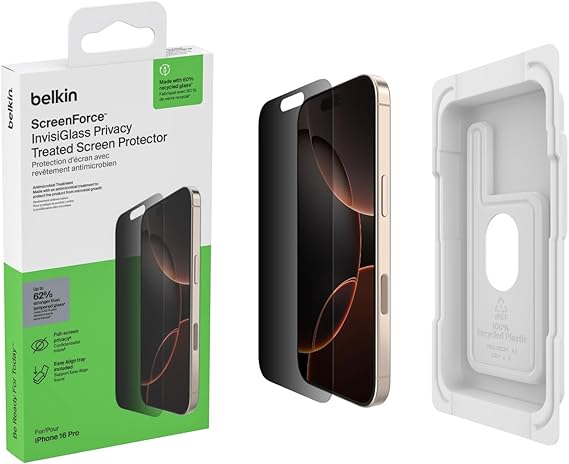 Belkin ScreenForce InvisiGlass iPhone 17 + iPhone 16 Pro ekran koruyuculu koruyucu folyo, çizilmez, konumlandırma kılıflı ekran koruyucu folyo, kabarcıksız takma, cam koruması, geri dönüştürülmüş cam