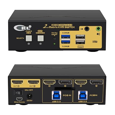 CKL 2x2 Matrix DisplayPort +HDMI KVM Switch Dual Monitor USB 3.0 4K 60Hz, PC Monitor Keyboard Mouse Peripherals Sharing Box with Cables for 2 Computers or Laptops CKL-622DH-M