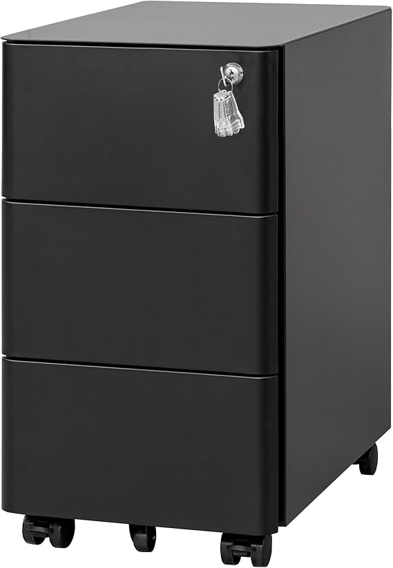 Lockable 3-Drawer Metal Filing Cabinet on Wheels, Fully Assembled Mobile Office Storage, Filing Cabinets for Home Office, Fits Under Desk, Black