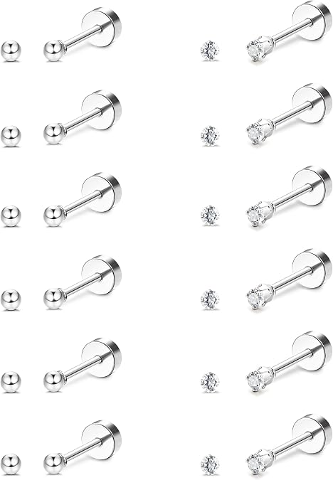FIBO STEEL 12 Pairs 20G Cartilage Earrings Stud for Women Men Stainless Steel Tiny 2mm & 3-8mm Studs CZ Round Ball Flatback Earring Set