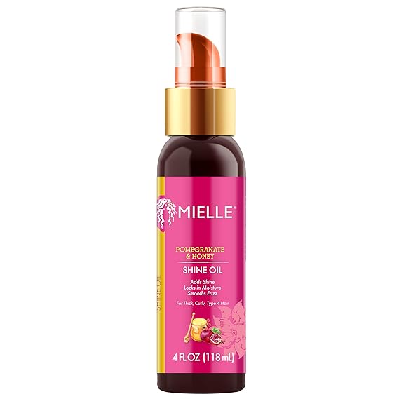 Mielle Organics Pomegranate & Honey Shine Oil, Lightweight Hair Oil for Curly & Coily Hair, Adds Shine, Locks in Moisture, Smooths Frizz, Heat Protection, Non-Greasy Finish, Type 4 Hair, 4 fl oz