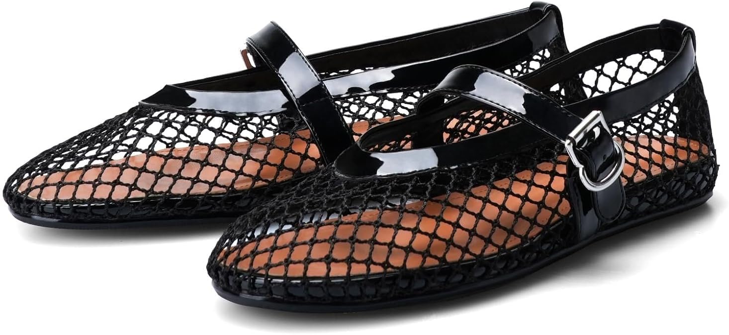 Mesh Ballet Flats for Women Fishnet Ballerina Flats Buckle Strap Mesh Ballet Shoes Wide Width Casual Summer Dress Flat Shoes