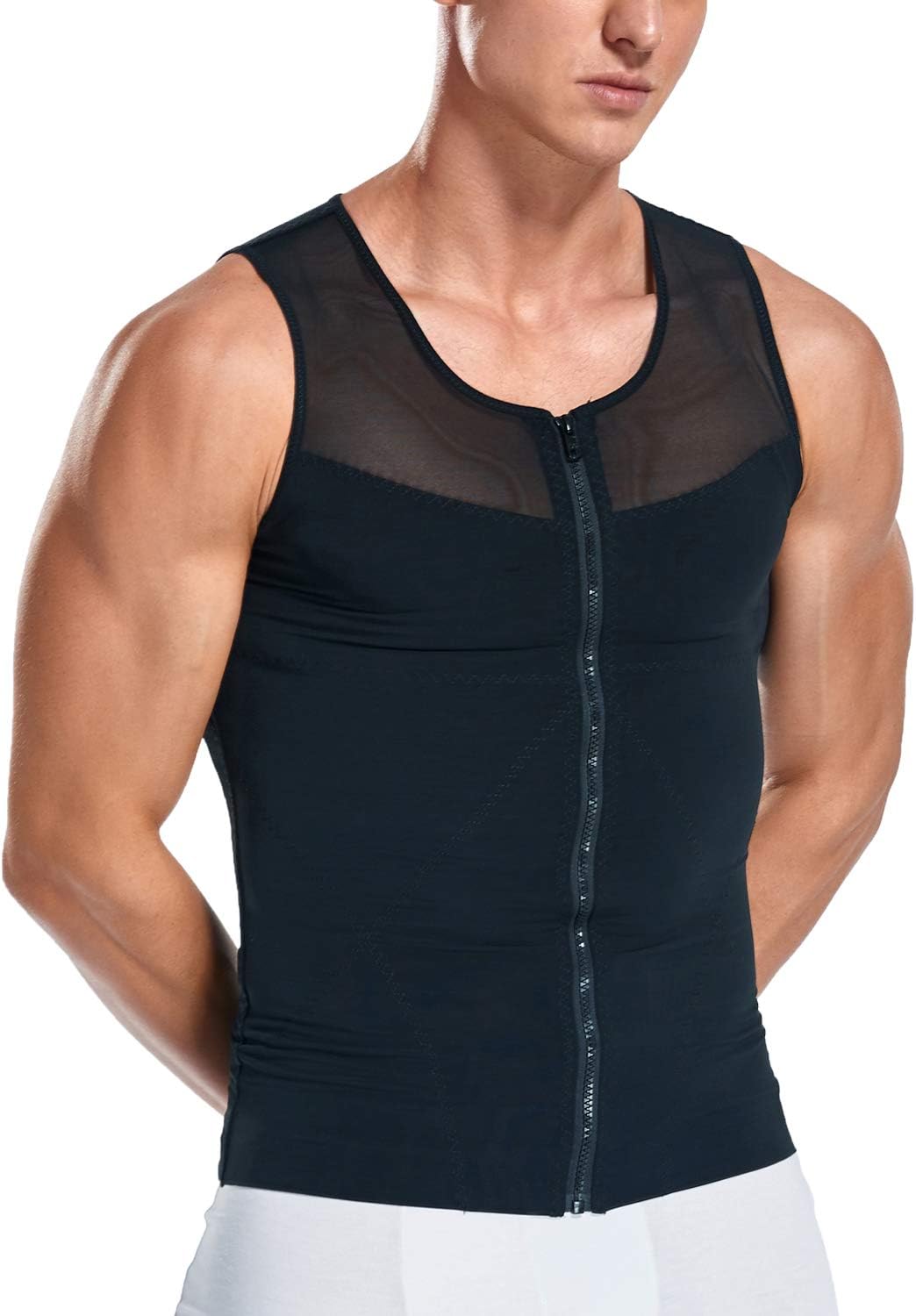 Mens Slimming Body Shaper Zipper Gynecomastia Vest Tank Top Compression Undershirt