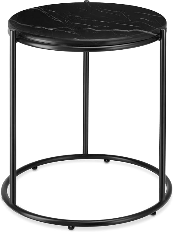 tectake® Round Coffee Table in Marble Look, Robust & Removable Marble-Look Top, Sturdy Steel Frame & Height-Adjustable Feet, Elegant Side Table for Living Room, Bedroom & Hallway - Black
