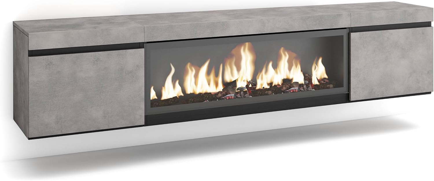 Skraut Home | TV Unit, Stand Cabinet | Entertainment Center | 210 | For TVs up to 80" | Electric Fireplace XXL | Wall-mount, suspended | Modern Style | Concrete