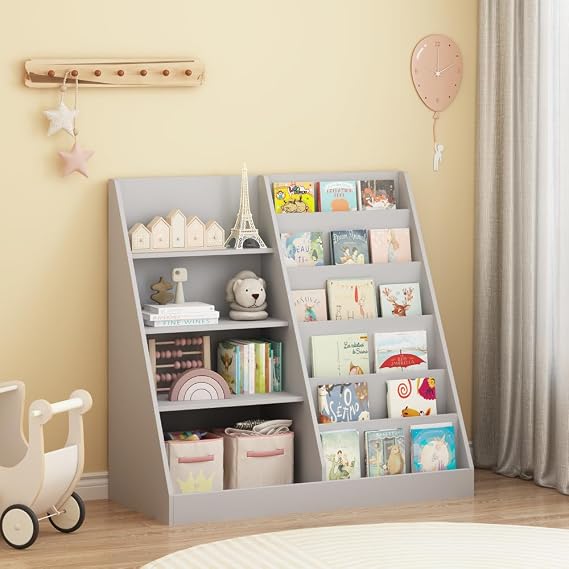 Kids Wooden Bookshelf and Toy Storage Organizer, 4-Tier Natural MDF Children's Book Case for Nursery Playroom Room (Gray + MDF)