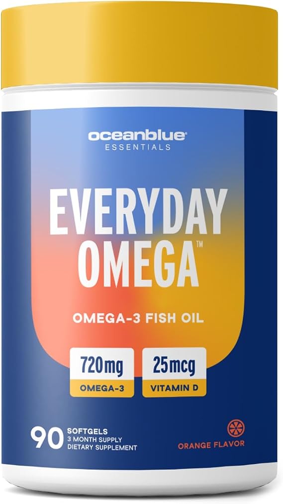 Oceanblue Essentials Everyday Omega-3 with Vitamin D3 - Burpless Fish Oil for Heart & Immune Support - EPA & DHA - Non-GMO - Orange Flavor - 90 Count (3 Month Supply)