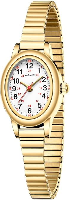 Gold Watch Waterproof Nurse Watch for Medical Professionals,Students,Women-Military Time Easy Read Dial,24 Hour with Second Hand,Stainless Steel Expansion Band