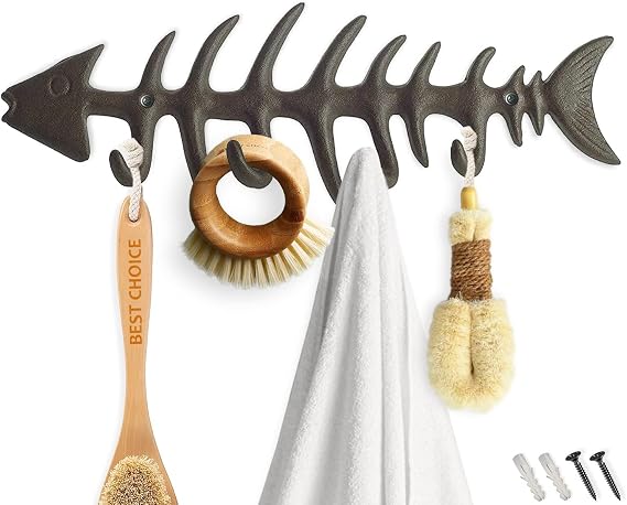 Comfify Decorative Fish Bones Wall Mount Towel Rack Stylish Cast Iron Hanger w/ 4 "Fish Hooks | Includes Screws and Anchors | in Rust Brown