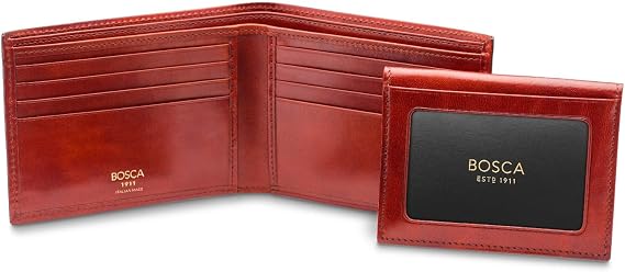 Bosca Men's Italian Leather Bifold Wallet with Removable ID Passcase, RFID Blocking, 8 Card Slots, and Divided Currency Well - Made in Italy, Cognac Brown