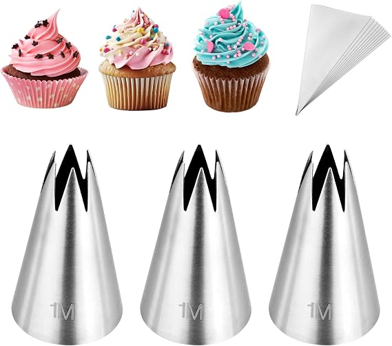 Kasmoire 3Pcs 1M Piping Tips,Stainless Steel 1M Star Tips for Piping,Seamless Icing Tips With 10Pcs Disposable Piping Bags for Cake Decorating
