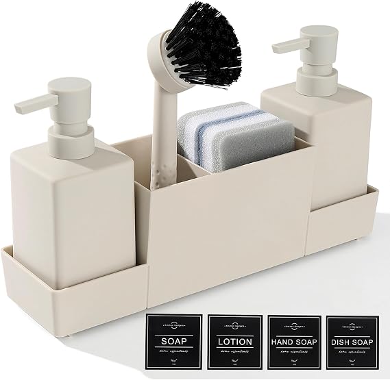 Soap and Washing Up Liquid Dispenser Set with Sponge Caddy and Brush Holder